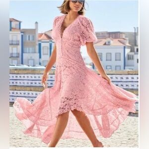 Beautiful high low pink lace dress by Boston Proper.